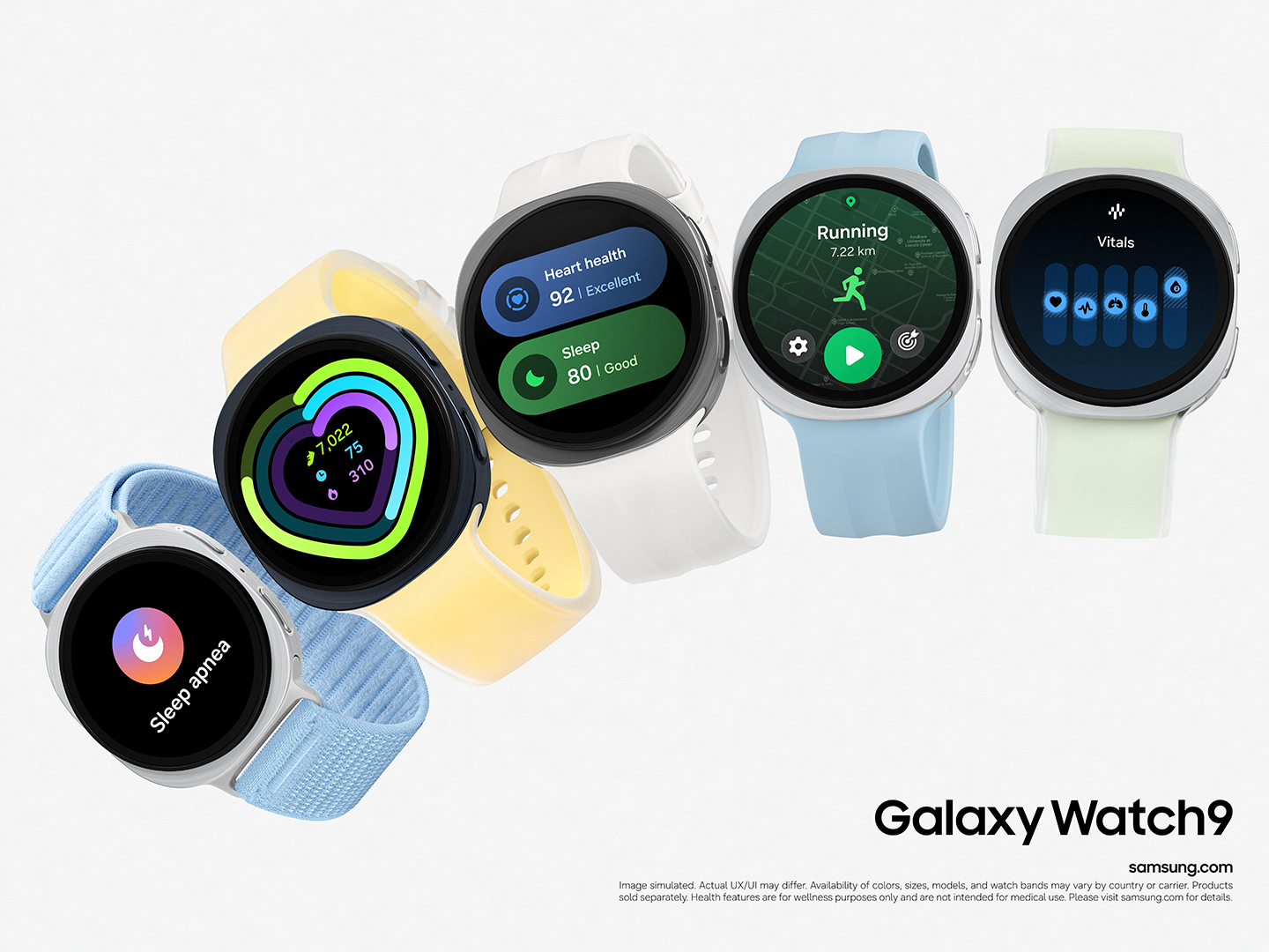 Galaxy Watch9 i flere farver og med forskellige sundhedsvisninger.