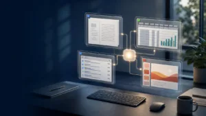Redaktionel konceptillustration af dokument, regneark, mail og præsentation forbundet af en AI-assistent