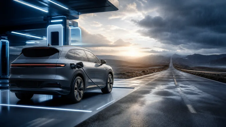 Illustration af en elektrisk SUV ved en lynlader foran en lang landevej