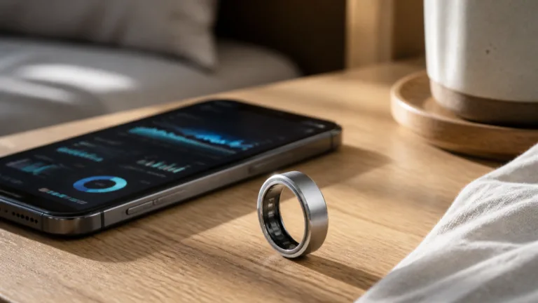 Smart ring ved siden af en mobil med sundhedsgrafer
