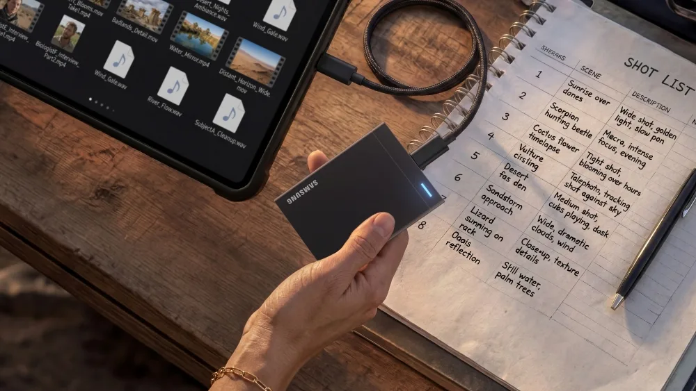 Samsung P9 tilsluttet en computer i et videoworkflow