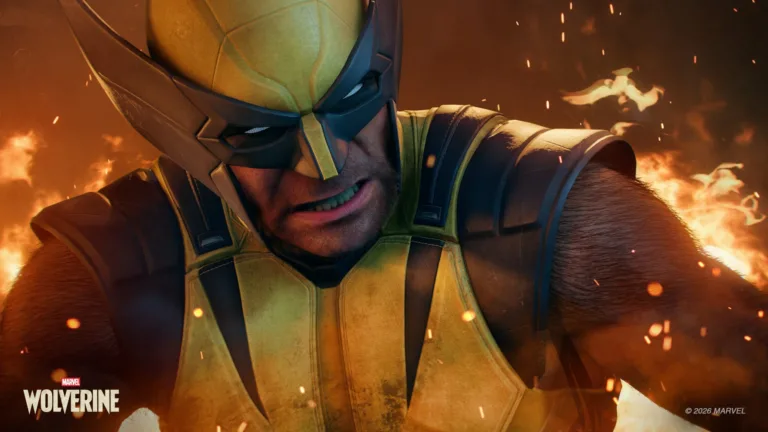 Wolverine i gul og sort dragt foran flammer i Marvel's Wolverine