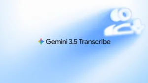 Googles officielle lanceringgrafik for Gemini 3.5 Transcribe på blå baggrund