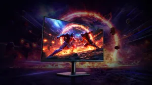 Officielt Samsung-produktbillede af Odyssey G6 med et farverigt actionmotiv