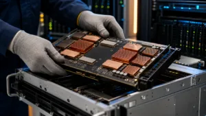 Ingeniør monterer et AI-acceleratorkort i en server