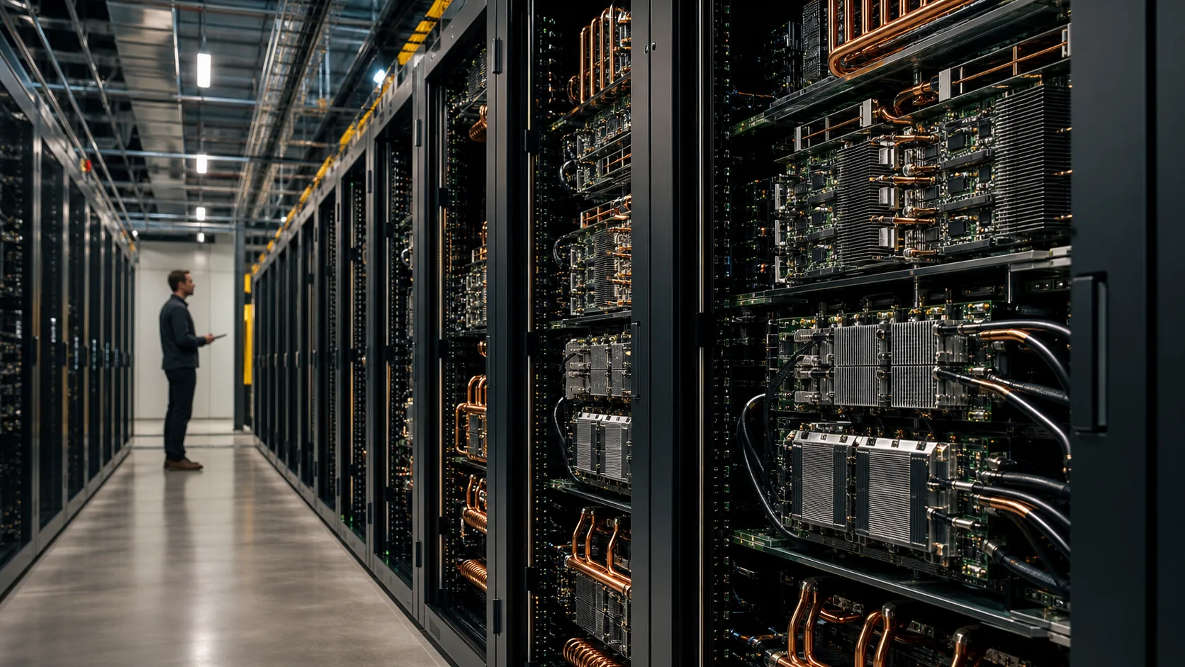 Serverrække med acceleratorer og køling i et datacenter