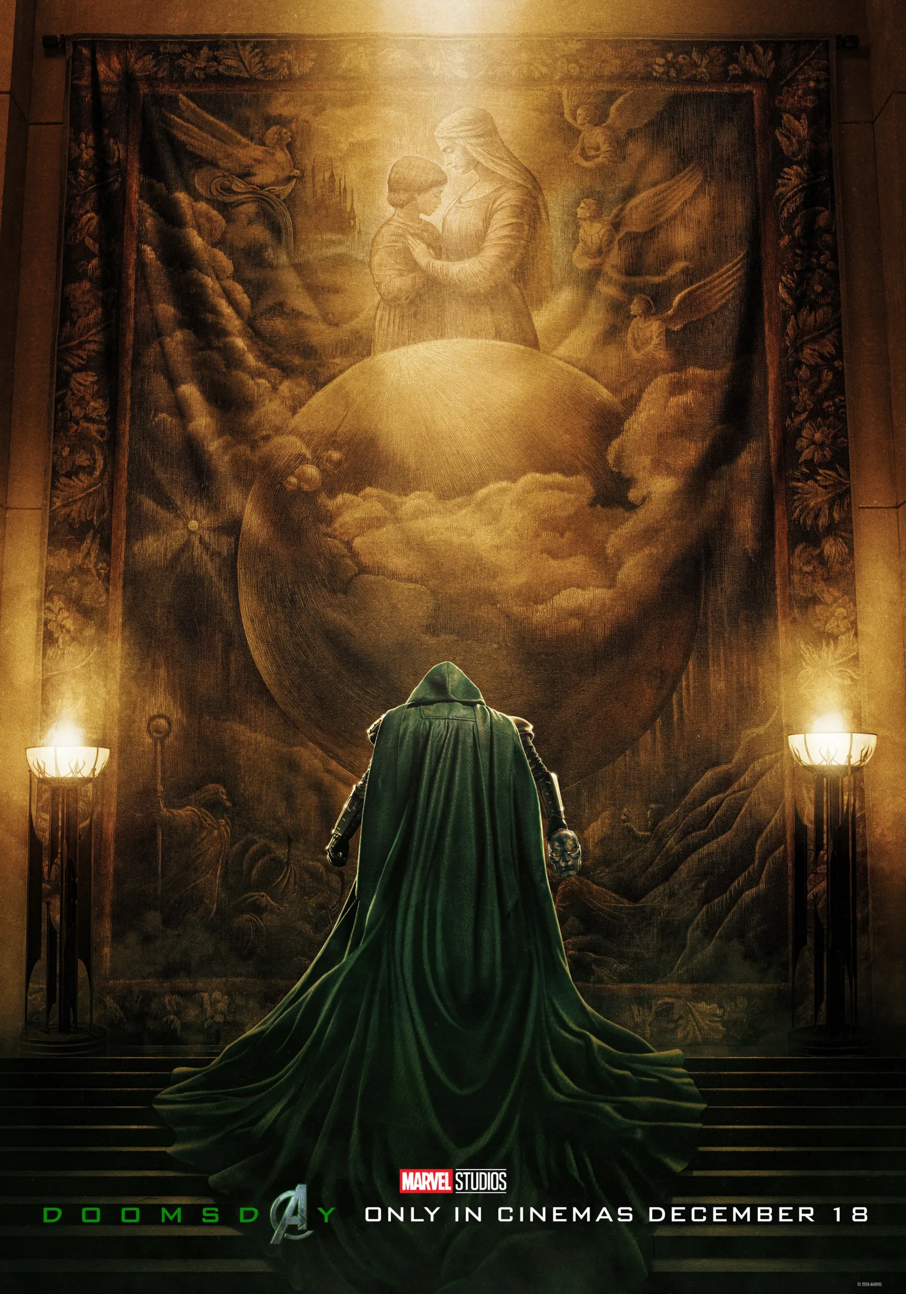 Doctor Doom står foran et vævet motiv på teaserplakaten til Avengers: Doomsday