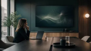 Illustration af møderum og abstrakt AI-data