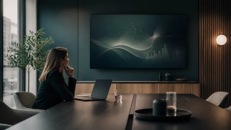 Illustration af møderum og abstrakt AI-data