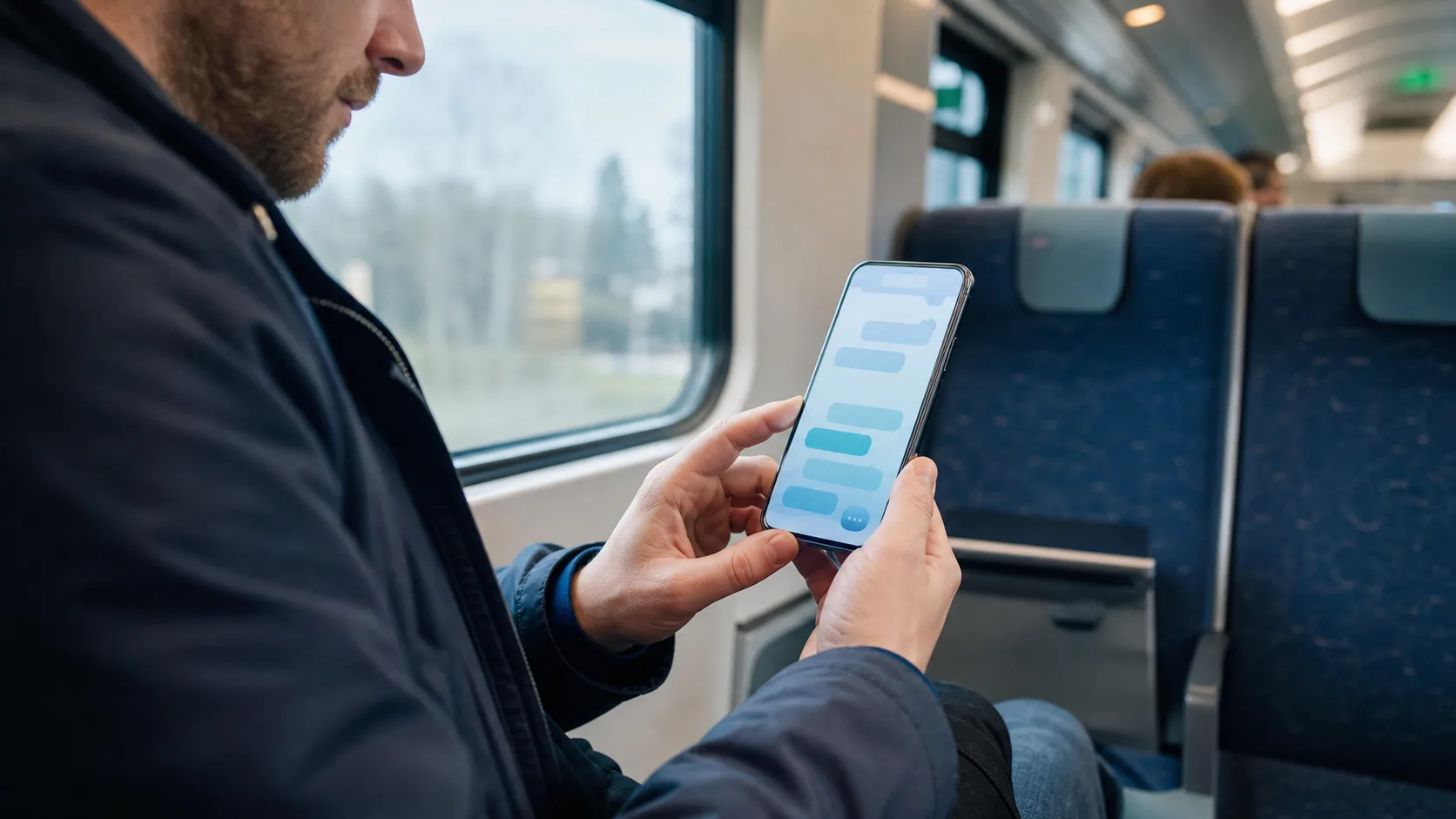 En togpassager bruger en mobil med en lang abstrakt chatsamtale