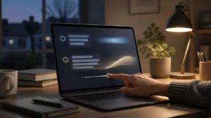 En hånd justerer en skyder på en bærbar computer med en abstrakt chatsamtale