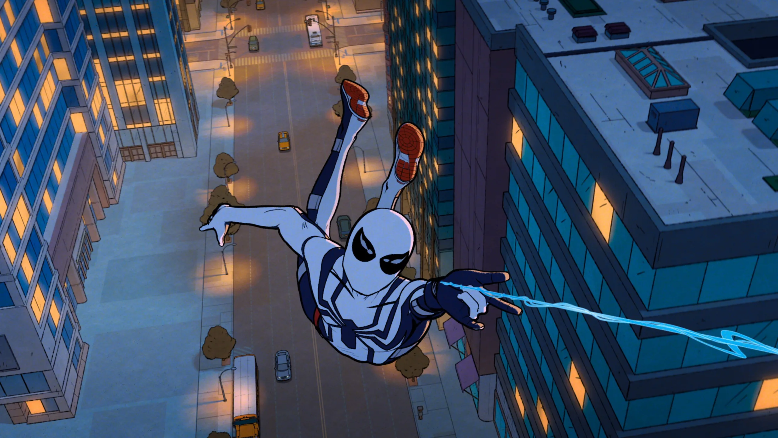Spider-Man svinger sig mellem bygninger i Your Friendly Neighborhood Spider-Man