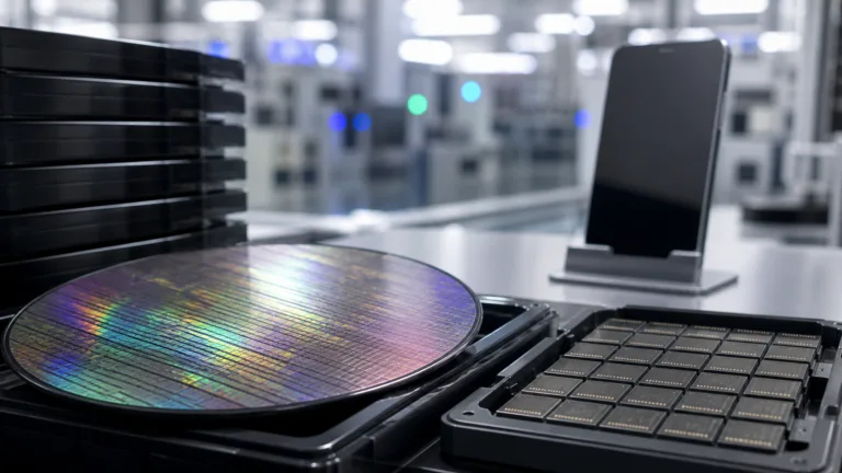 Siliciumwafer og mobile hukommelseschips ved en chipfabrik