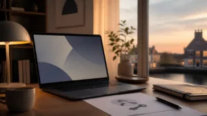 Illustration af laptop og kontoarbejde ved et skrivebord