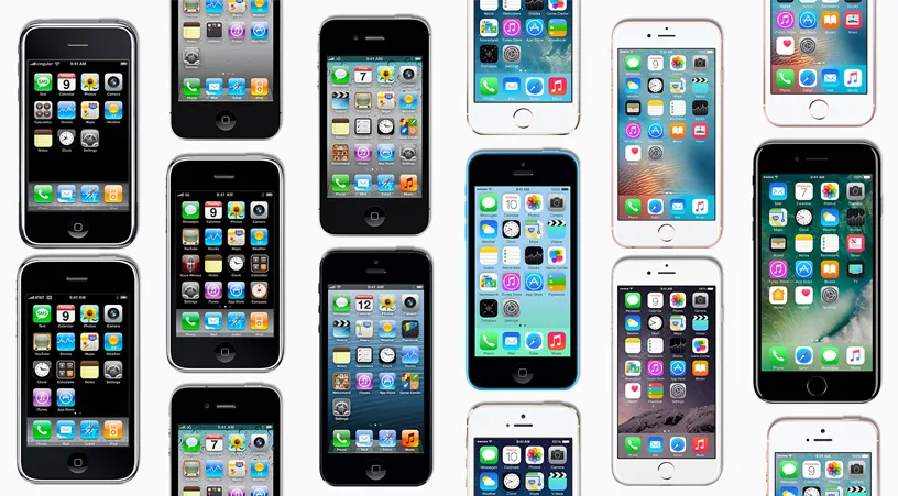 Et udvalg af iPhone-modeller fra den første generation til iPhone 7.
