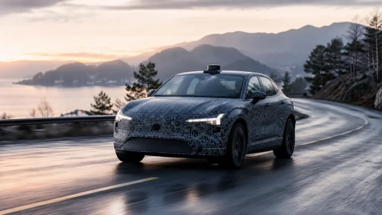 Illustration af camoufleret sedan-prototype med LiDAR på våd vej