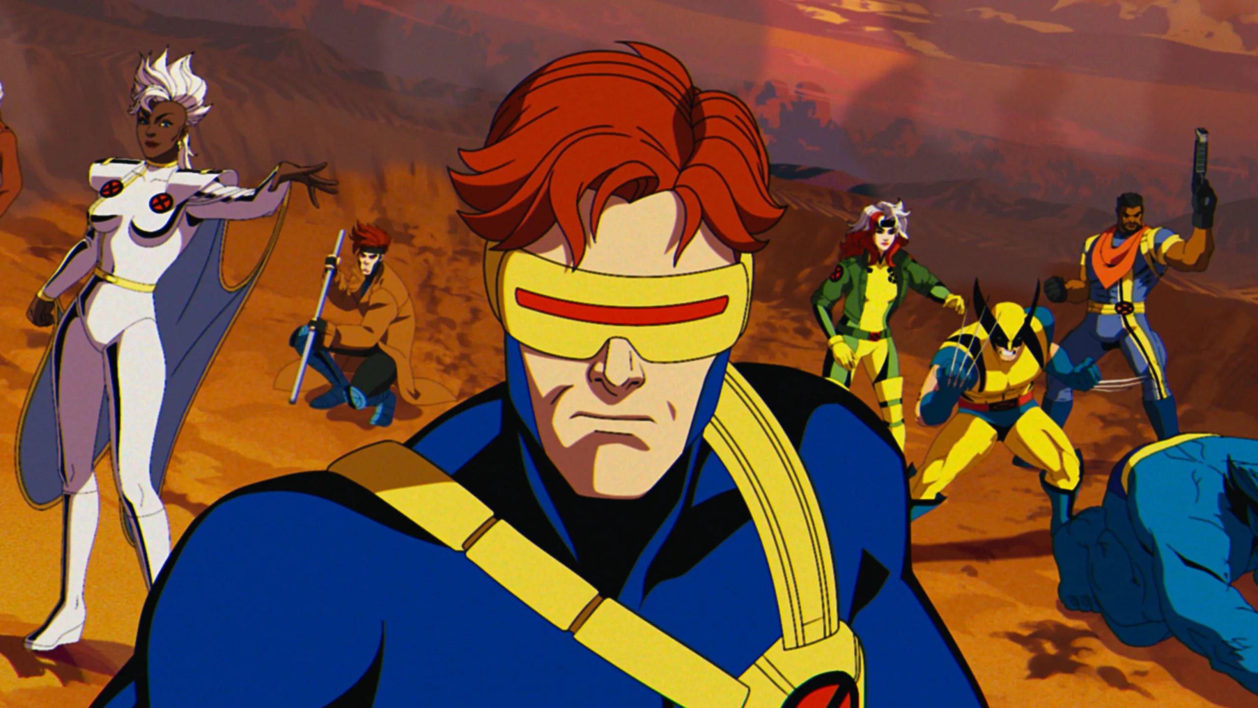 Cyclops står foran Storm, Gambit, Rogue, Wolverine og Bishop i X-Men '97
