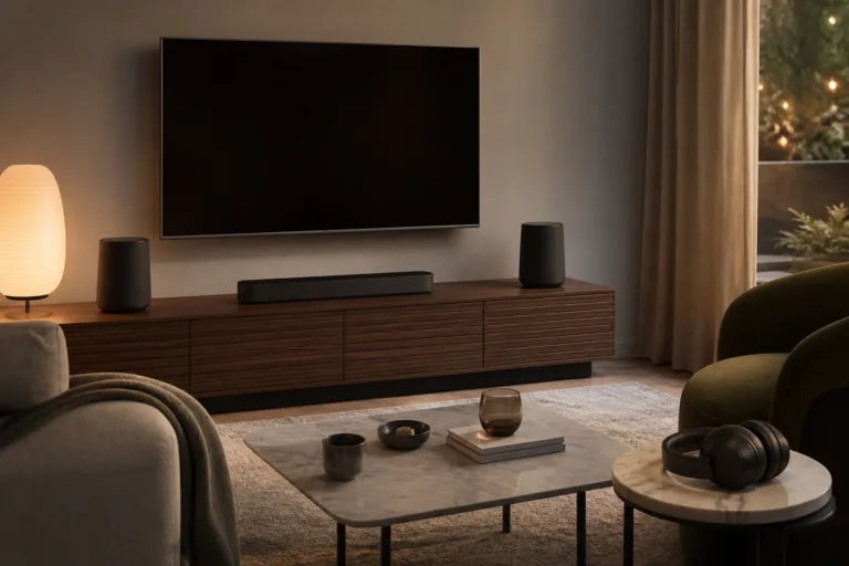 Illustration af højttalere, soundbar og hovedtelefoner i en stue