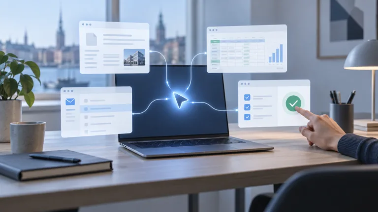 Illustration af en AI-agent, der arbejder fra en computer på et kontor