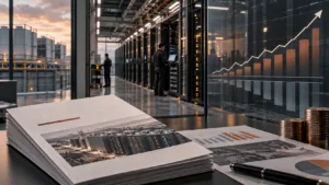 Illustration af et datacenter og et prospekt, der symboliserer AI-infrastruktur og regnskab