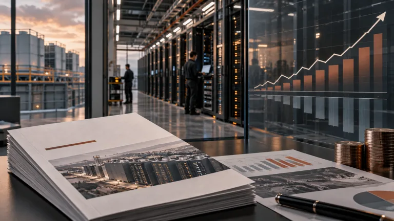 Illustration af et datacenter og et prospekt, der symboliserer AI-infrastruktur og regnskab