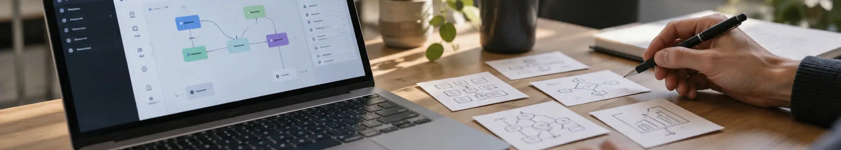 Illustration af softwarelogik på skærm og kort på et skrivebord