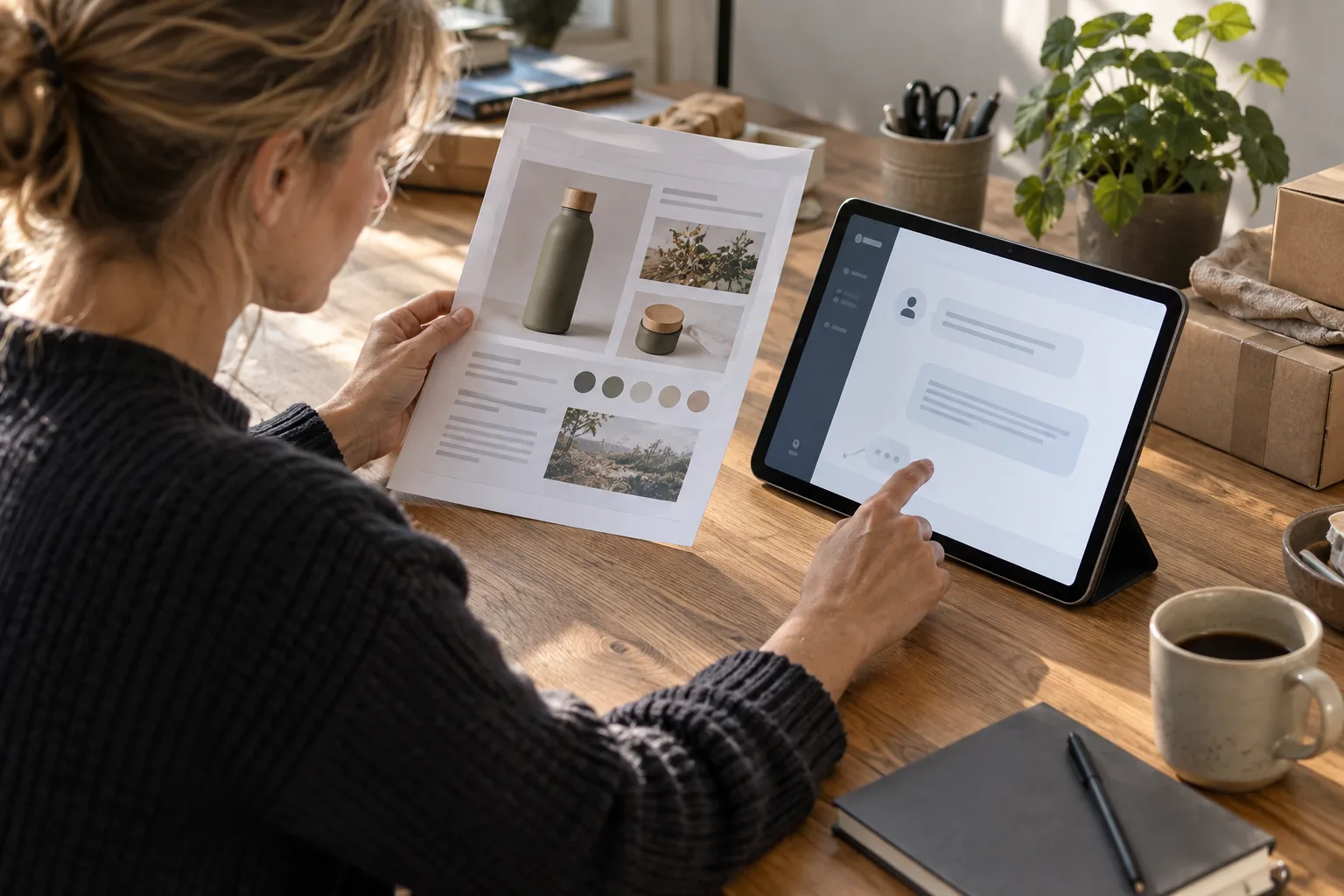 Person sammenligner et produktark med en generisk AI-samtale på en tablet