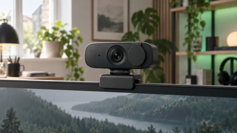 Illustration af et webcam monteret på en skærm i et hjemmestudie