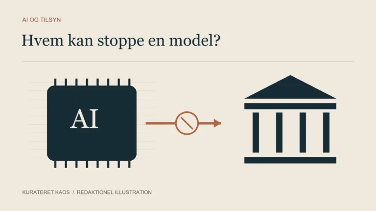 En grafisk AI-chip og en retsbygning forbundet af et stopsymbol
