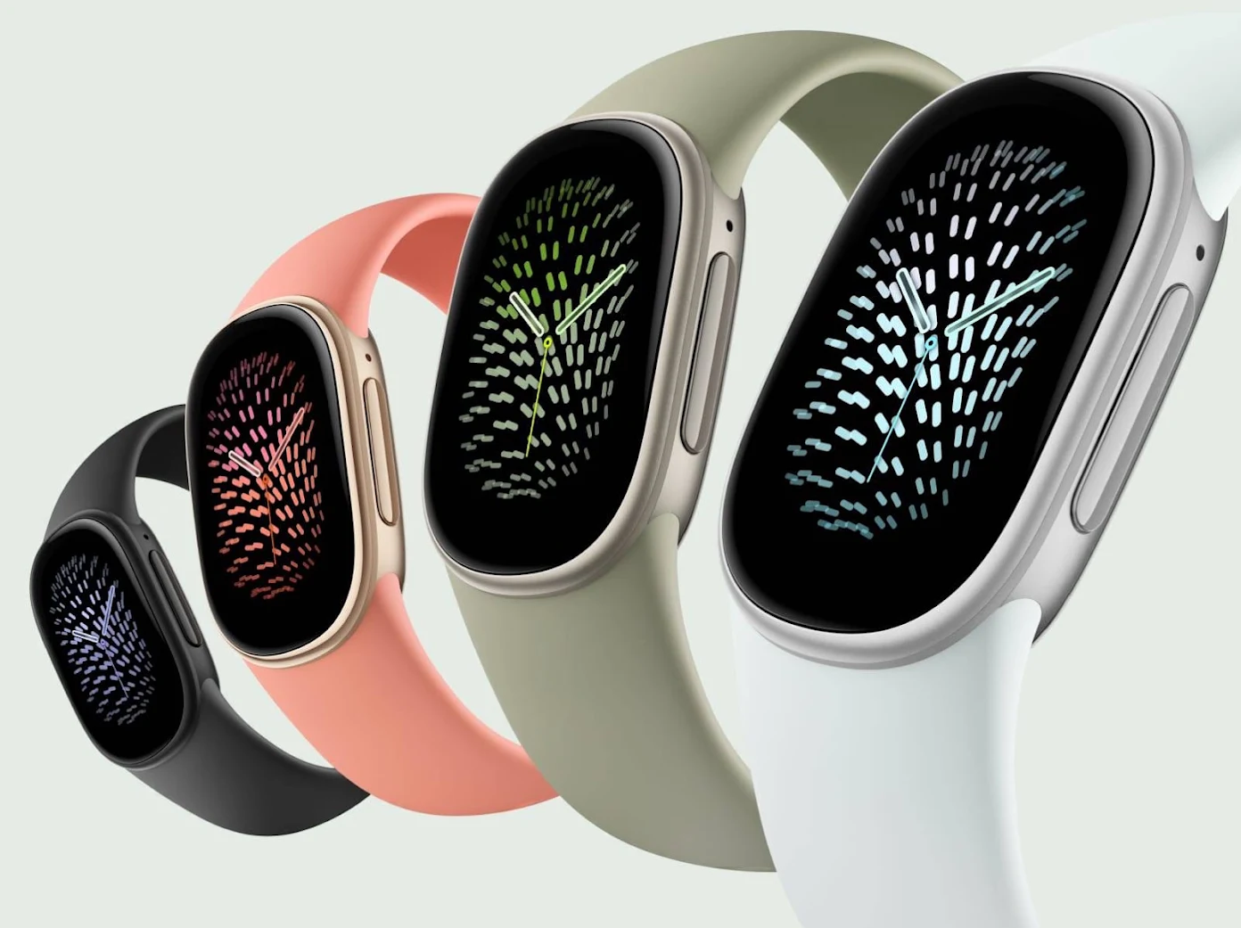 Google Fitbit Edge i de fire farver Obsidian, Fog, Olive og Canyon