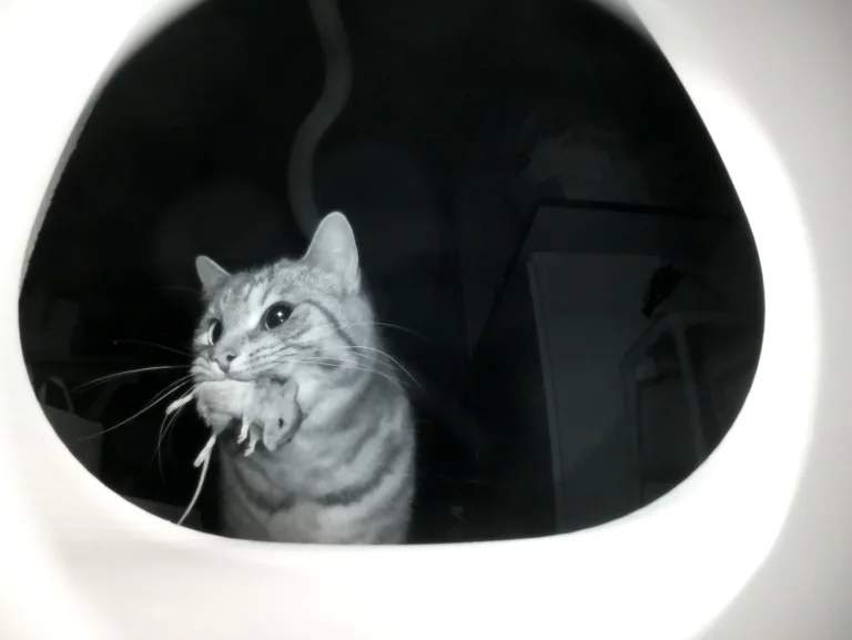 En kat med en mus i munden set gennem Flappies kattelem