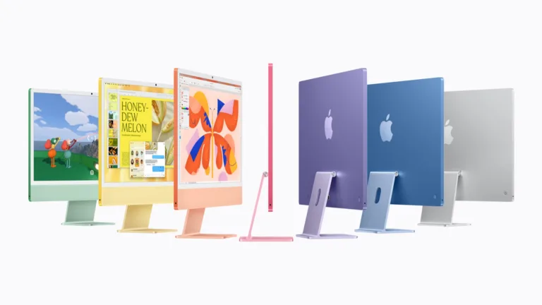 iMac med M6 vises i grøn, gul, orange, lyserød, lilla, blå og sølv.