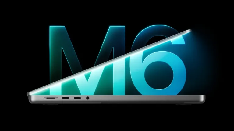 En delvist åben 14" MacBook Pro med M6 vist fra siden mod et glødende M6-logo i baggrunden.